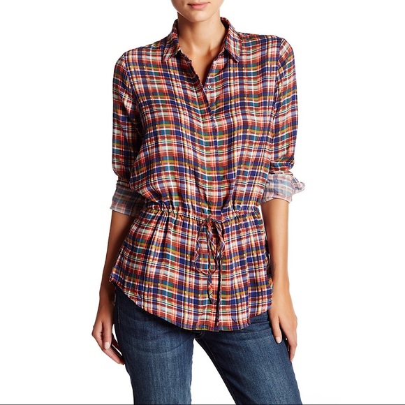 Harlowe & Graham Tops - Harlowe & Graham Gathered Waist Plaid Shirt Size M